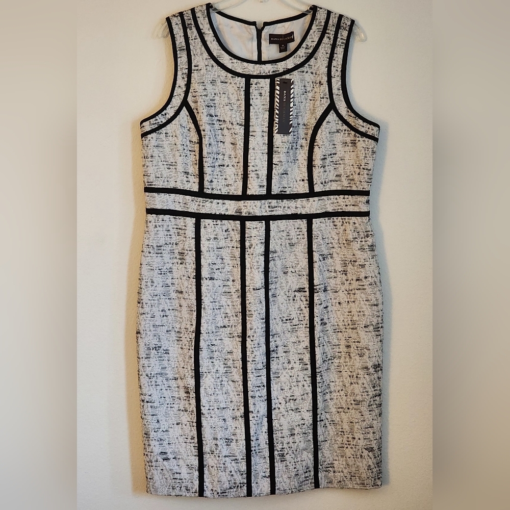 Dana Buchman Sheath Dress White Black Contrast Trim Zip Hook & Eye (NWT) Sz 16 - Picture 2 of 13